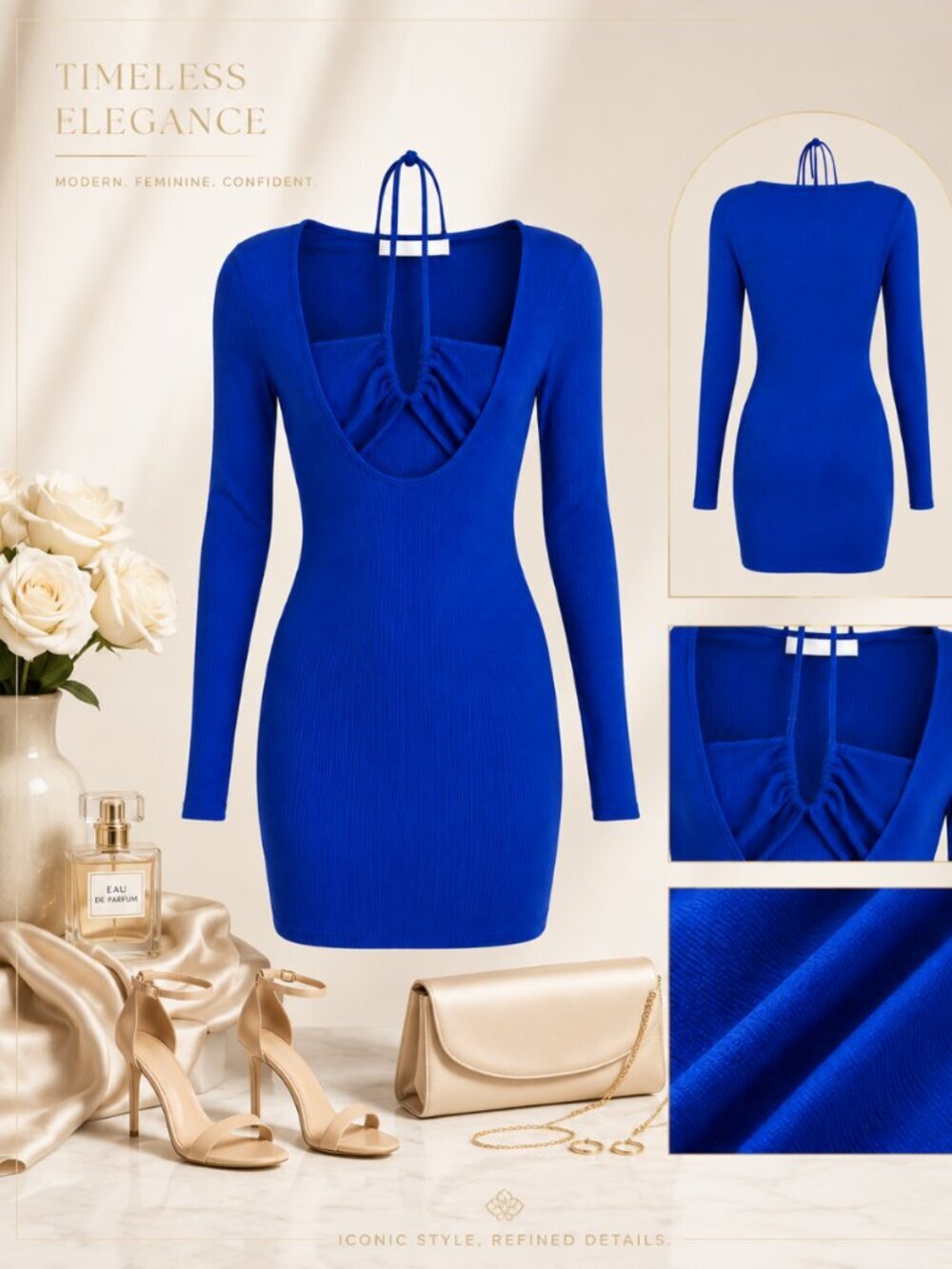 LUSH Royal Blue Front Cutout Long Sleeve Bodycon Dress S NWT